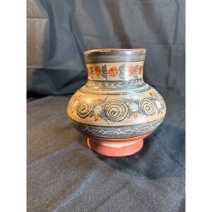 Hand Painted Ceramic Vase Earth Tones Spiral Motif Signed Tanala Dal